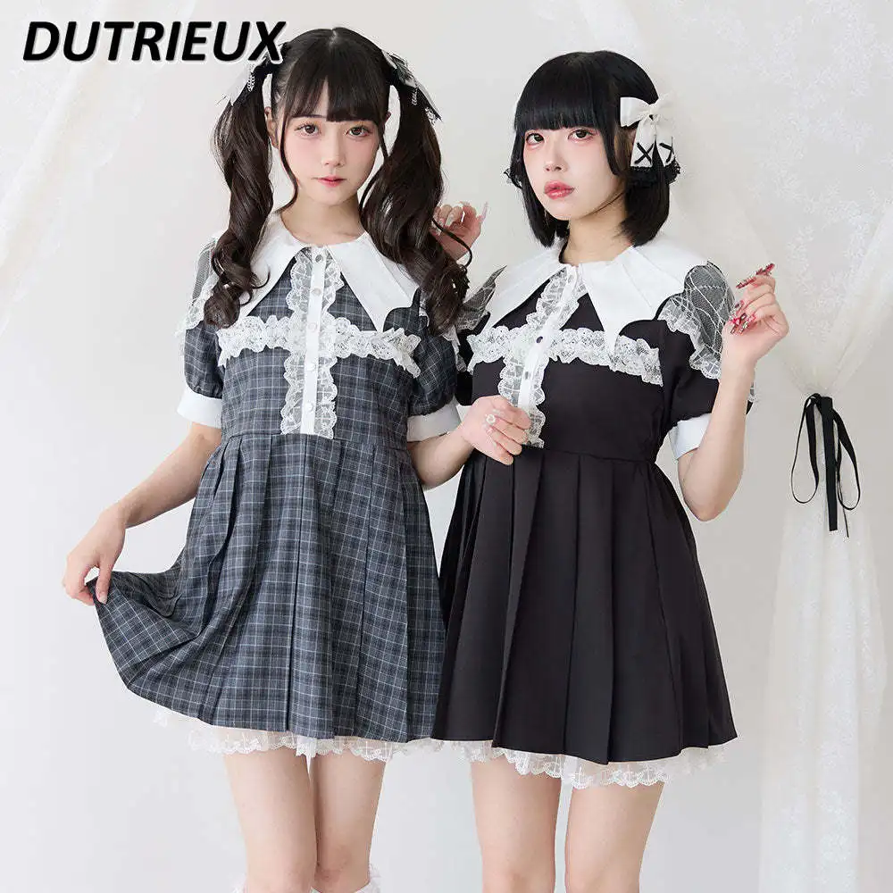 

Mine Department Heavy Industry Sweet Girls Short Sleeve Pleated Dress Summer New Japanese Lace Splicing Bat Collar Cute Dresses