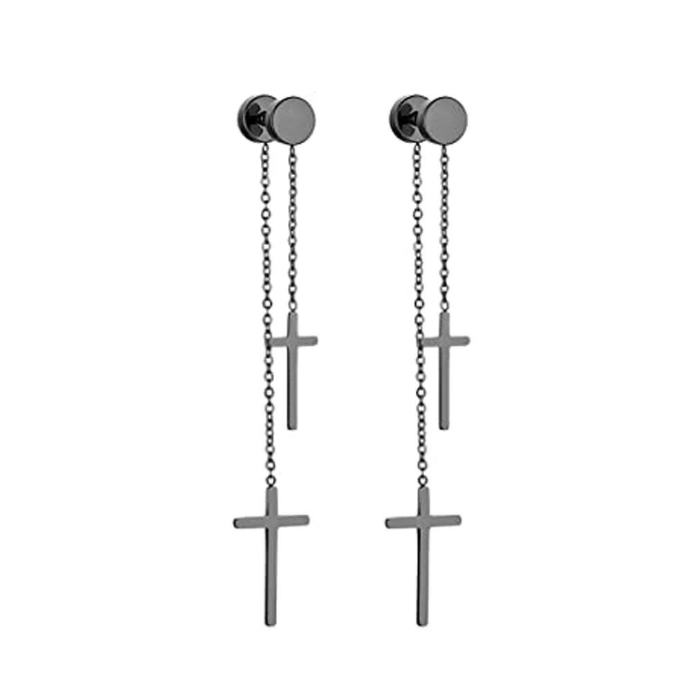 WKOUD Punk Black Cross Stainless Steel Hoop For Women Men Fashion Vintage Chain Pendants Hip Hop Jewelry Earrings Wholesale