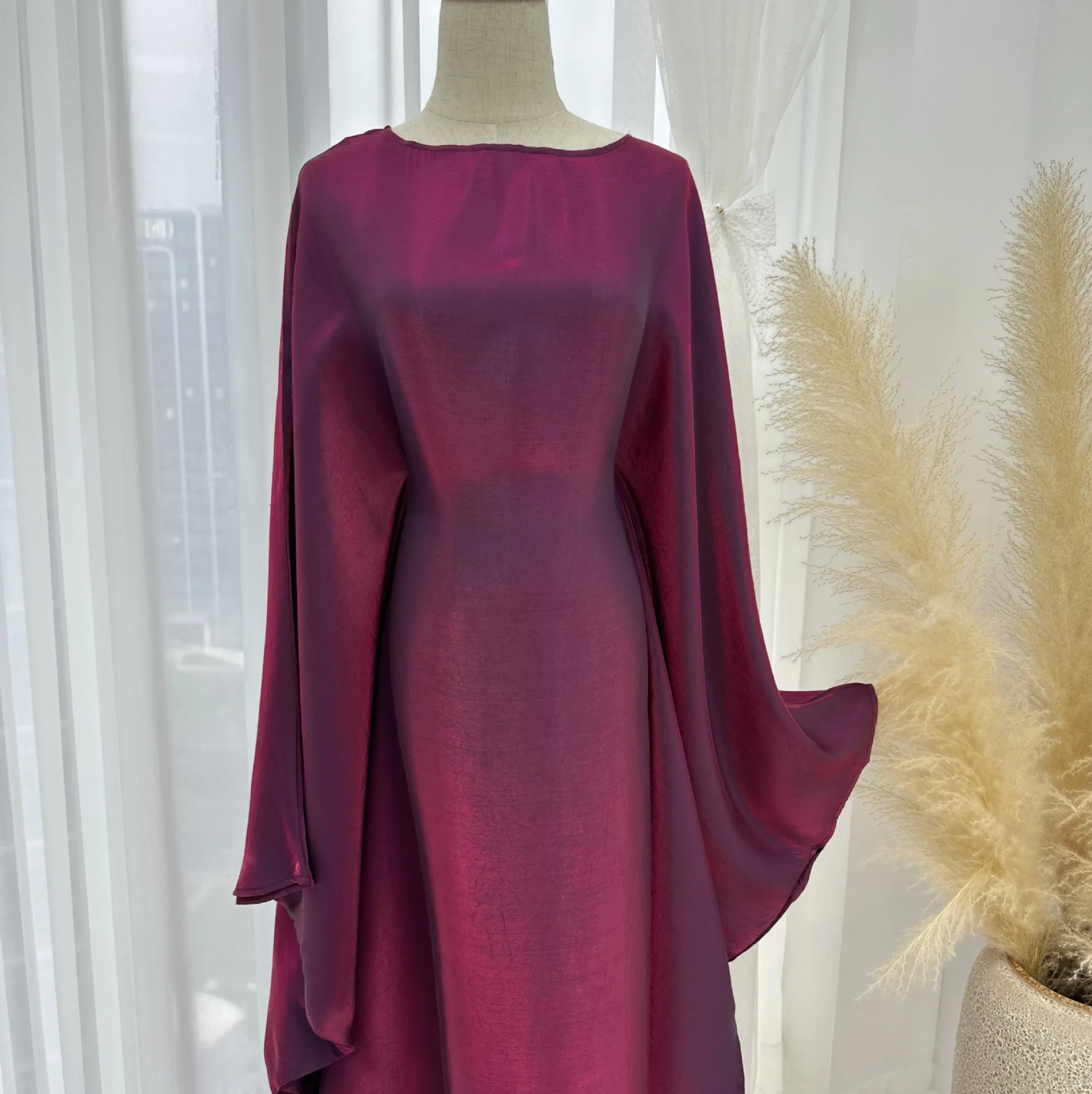 

Modest Evening Party Dress Batwing Sleeves Shining Material Long Maxi Banquet Dresses Robe for Women L412