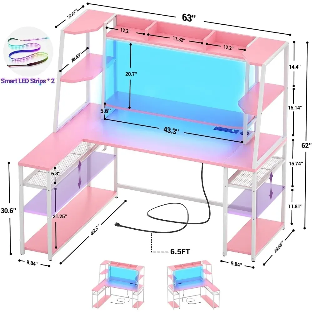 63'' L Shaped Gaming Desk with LED Lights & Power Strips, Reversible Gaming Table Desks with Hutch, L-Shaped PC Computer Desk
