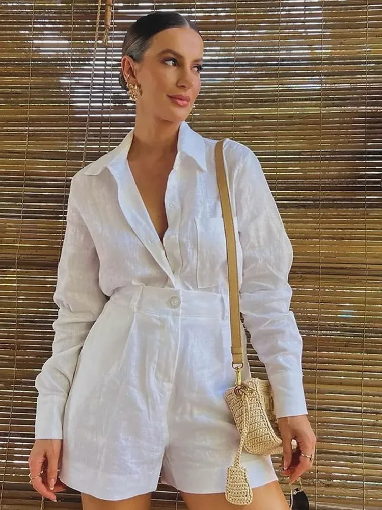 レディース ホワイト コットンリネン シングルブレスト シャツ ハイウエスト ショートパンツ スーツ シックで通気性のあるツーピースセット 2025年春 レディース服