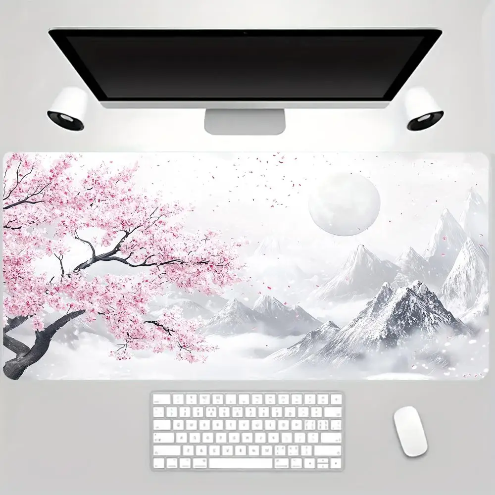 Non-slip Rubber Base, Pink Cherry Blossom & Snow Mountain Extended Gaming Mouse Pad