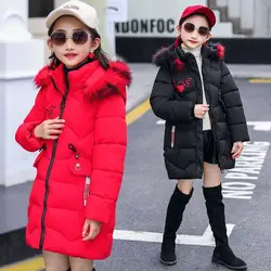 3-12T Girls' Coat Big Fur Collar Hooded Jacket Winter Thick Warm Cotton Coat Mid-length Down Jacket Girls Quilted Jacket