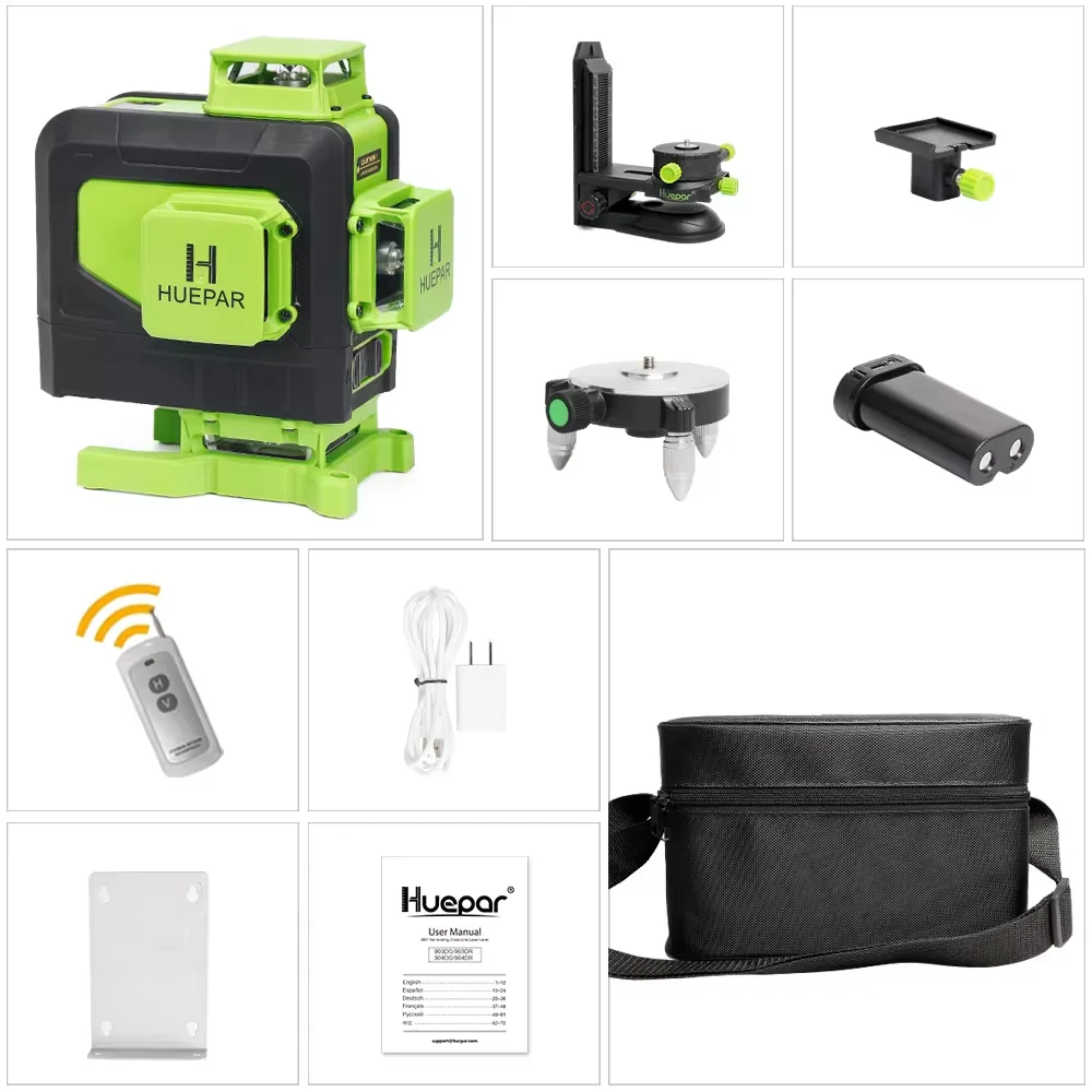 Huepar 4D 16 Lines Cross Line Laser Level Green Beam 4x 360 °Laser Lines With Remote Control  Li-ion battery For Tiles Floor