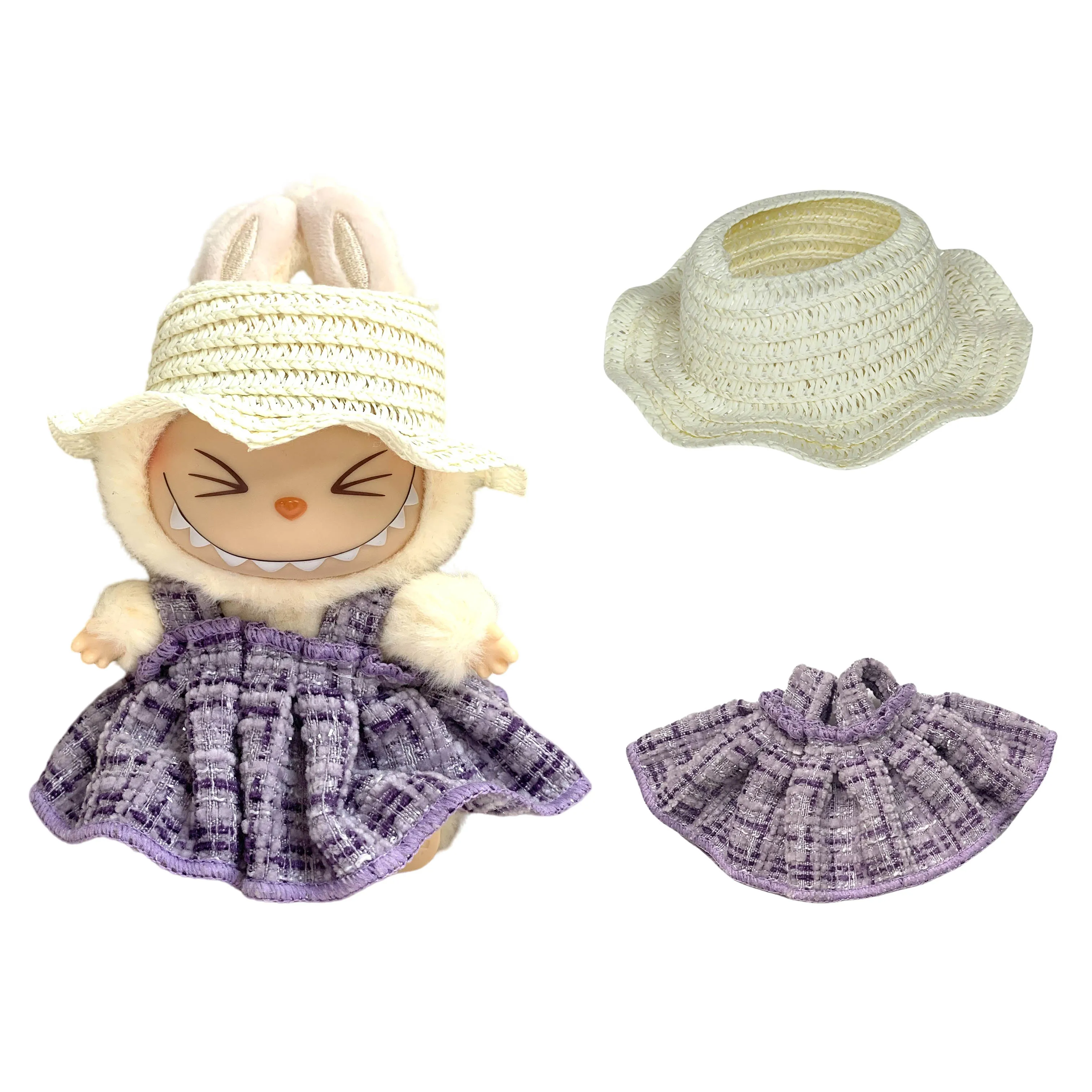 ل 17 سنتيمتر Labubu ملابس دمى مجموعة V1 V2 دمية الملابس والاكسسوارات الأرجواني بسيط عبق تنورة وقبعة الزي