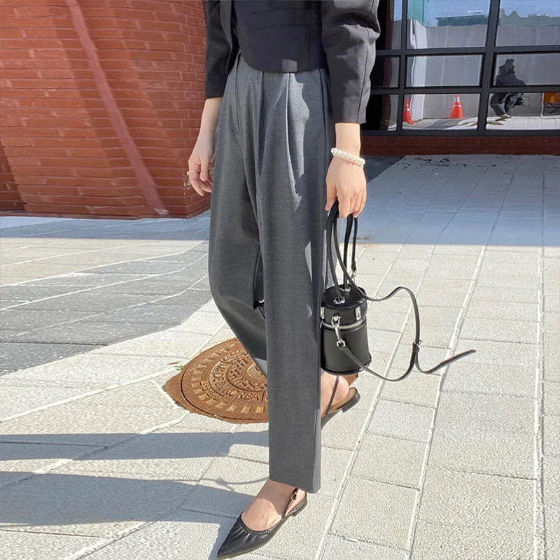 

Gray Suit Pants High-Grade Draping Small Female Commuter Professional Work Pants Cropped Loose Ankle-Tied Harem Pants