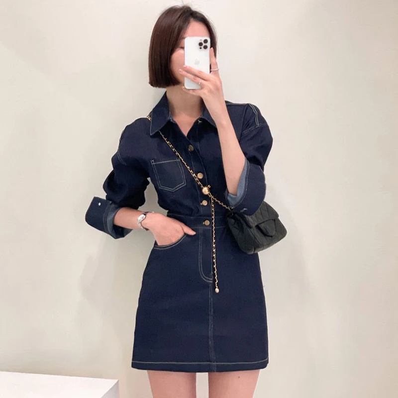 

Chic Vintage Collar Open Design Single Button Slim Fit Long Sve Denim Dr High Waist Korean Sle Autumn Faion Dr