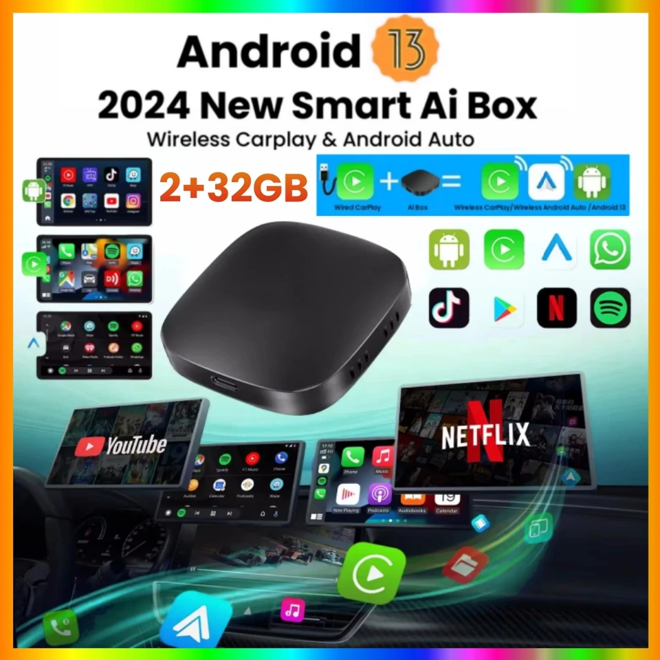 2+32G Ai Box Android 13 Wireless Android Auto & CarPlay Support
