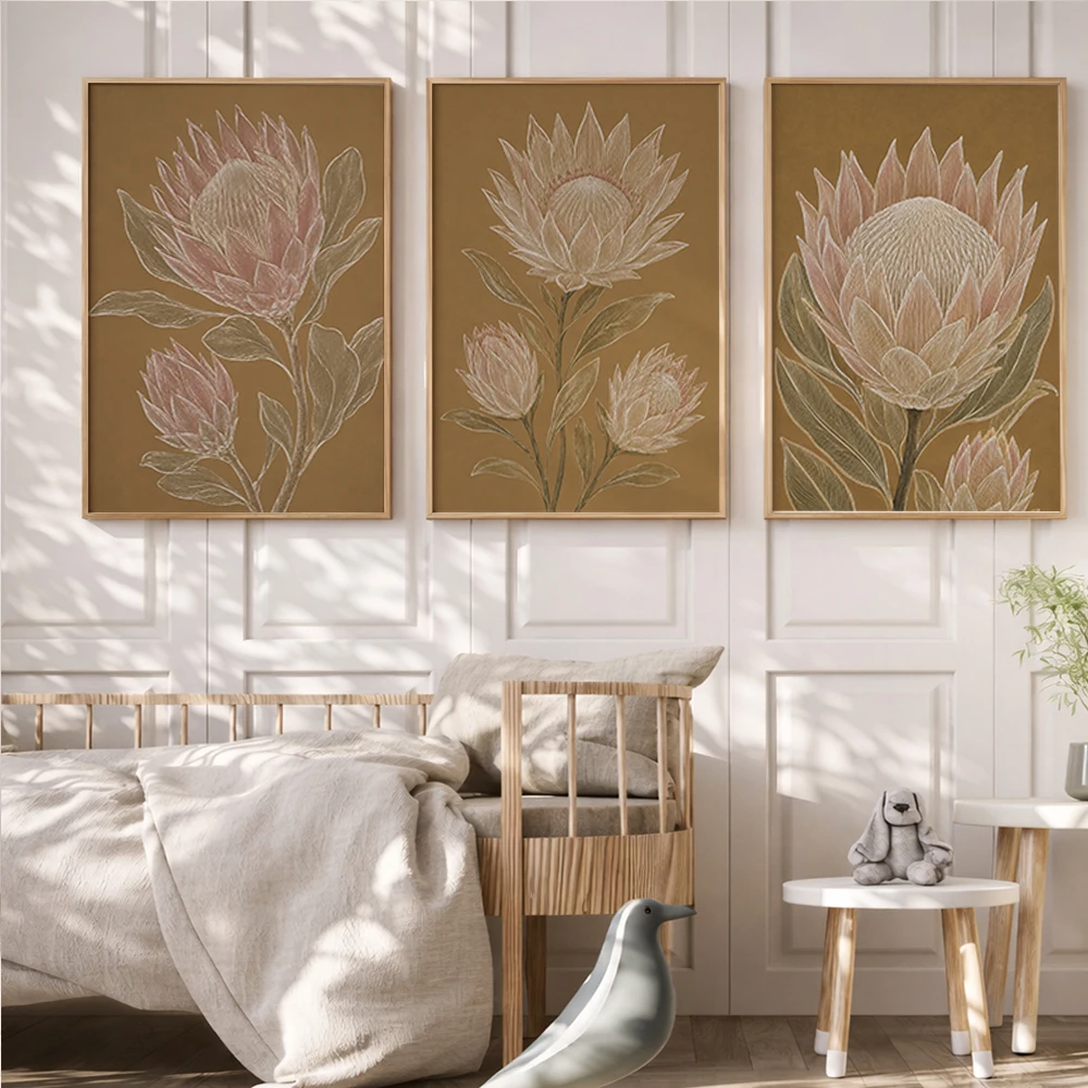 3 PCS Vintage Protea Flower Botanical Canvas Poster Boho Floral Wall Art Brown Beige Line Drawing Print Retro Nature Home Decor