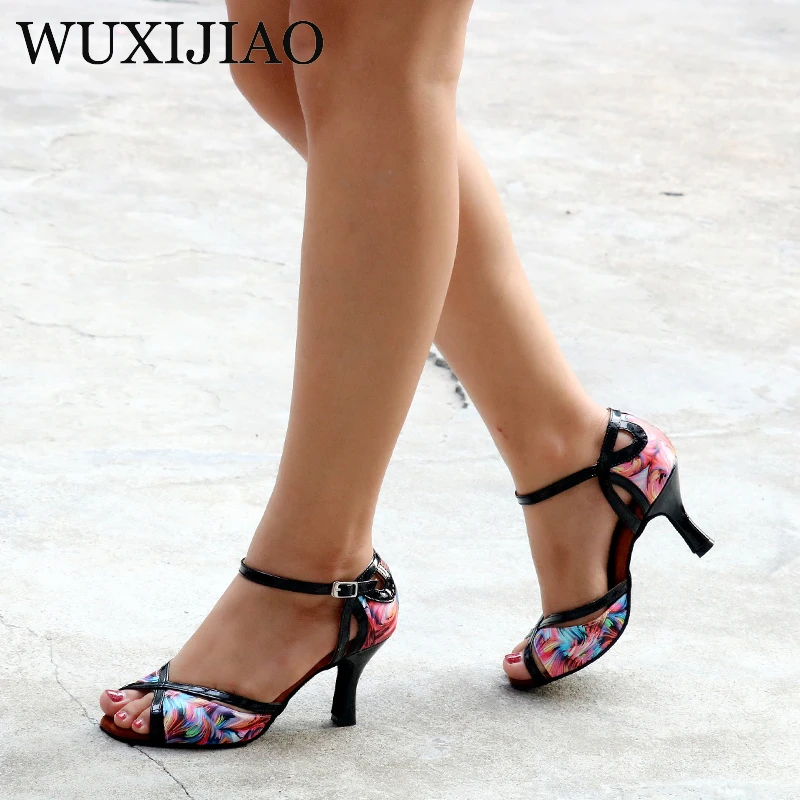 WUXIJIAO Sexy Thin Black Women\'s Shoes Painted PU High Heels Latin Dance Shoes Ballroom Dance Shoes 7.5C