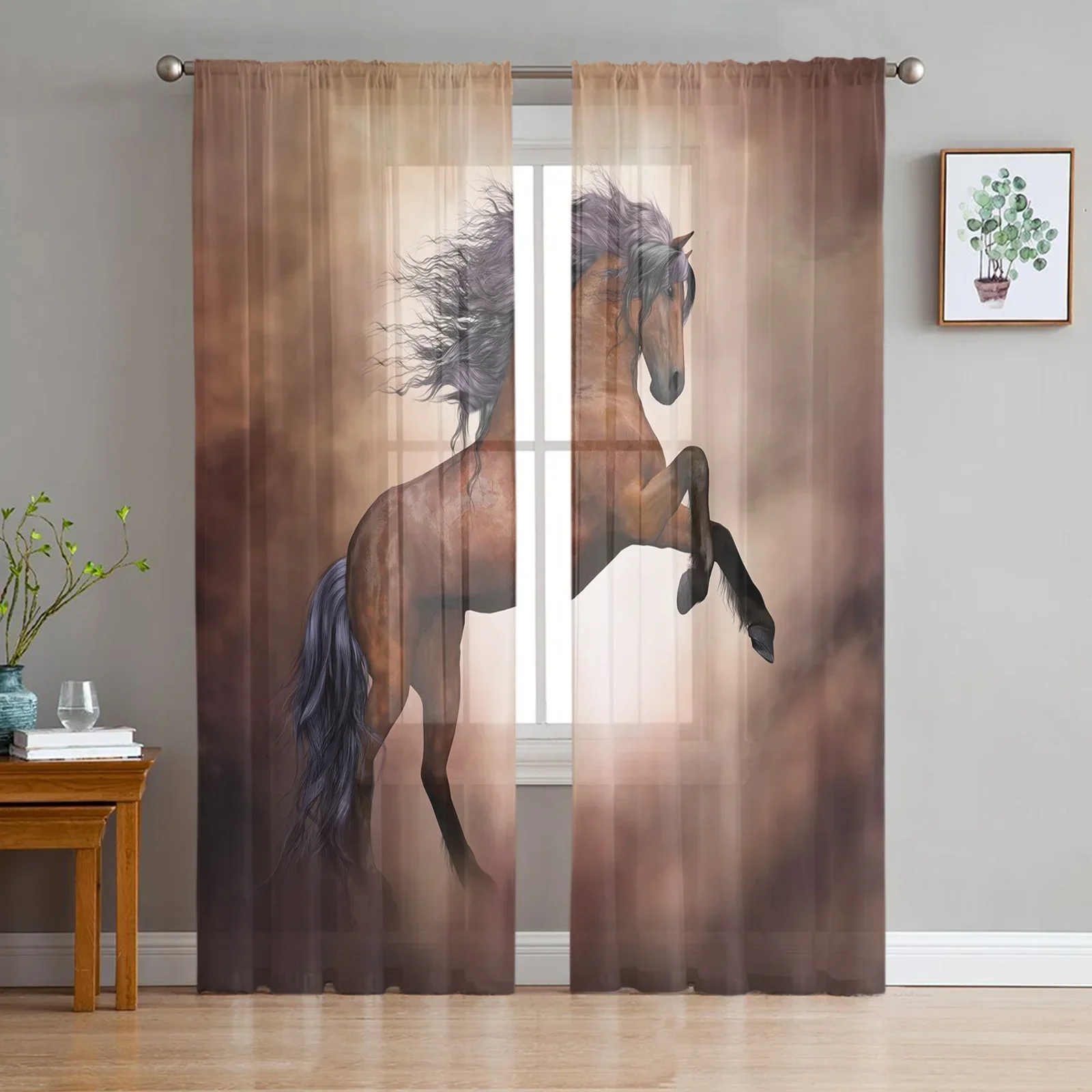 Running Galloping Horse Brown Animal Tulle Sheer Window Curtains for Living Room Bedroom Modern Voile Organza Curtains Drapes