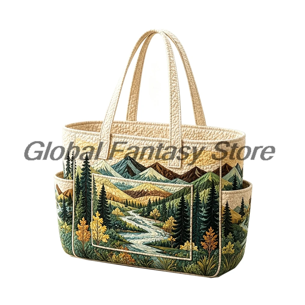 Forest Mountain Quilted Tote Bag Pine Tree Landscape Print Multiple Pockets Shoulder Handbag Women Daily Shopping Bags