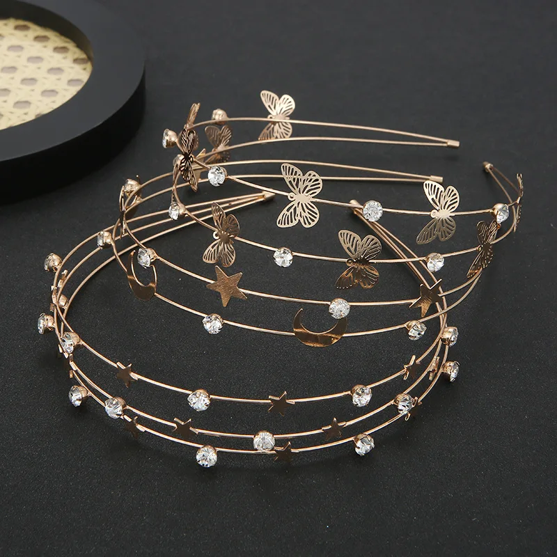 New Multi-layer Metal Star Moon Crystal Headband Female Butterfly Hair Accessories Children Headwear Double Headband Wholesale