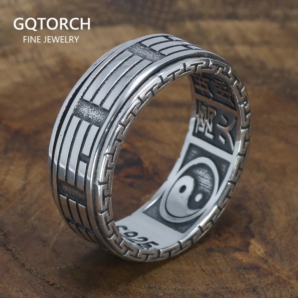 

Real 925 Sterling Silver Rings For Men Spinner Rotatable Carving Taiji Bagua Yin Yang With Vintage Great Wall Pattern