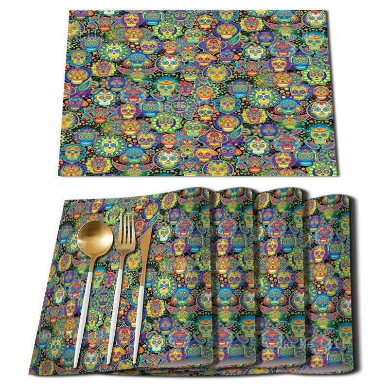 Mexican Traditional Day Of The Dead Colored Sugar Skulls Kitchen And Dining Room Decorated With Family Gift Placemats