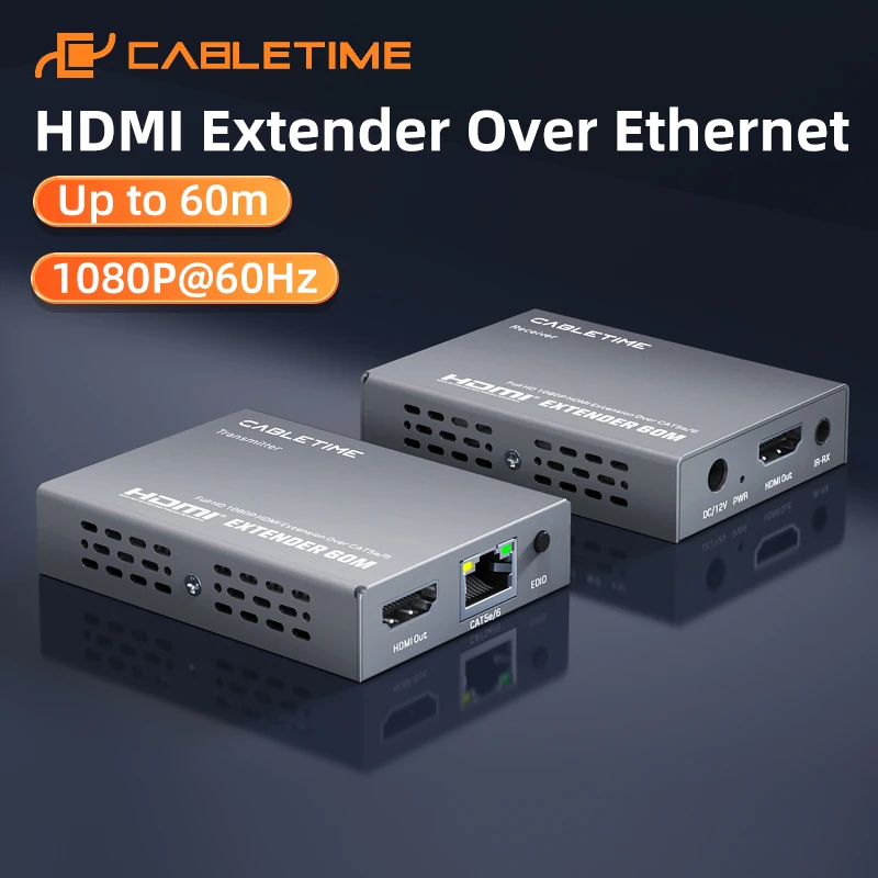 

CABLETIME HDMI Extender Over Ethernet 1080P@60Hz Up to 60M Suitable for Indoor/Office/Signal Transmission Enhancement