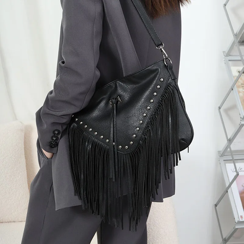 Europe and the United States rivet soft leather casual rivet tassel bag one shoulder oblique straddle bag for women large bag