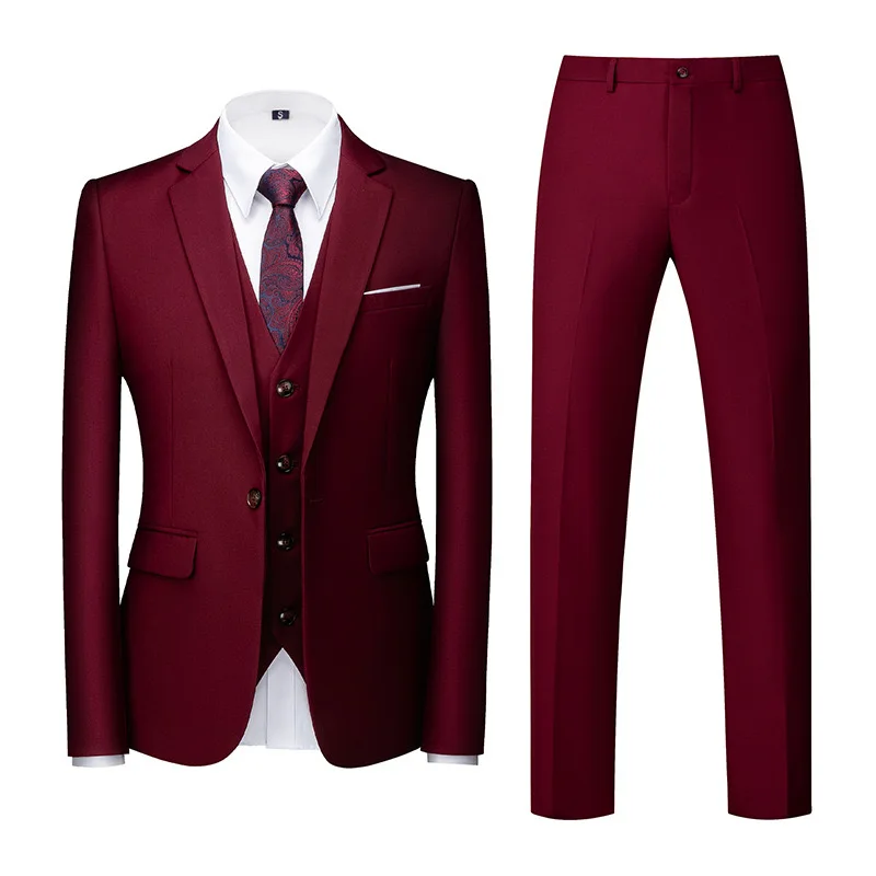 Mannen 3-delig formeel slim fit zwart grijs bordeaux marineblauw pak/mannelijke bruidegom trouwpak hoge kwaliteit rokkostuum (jas + broek + vest)