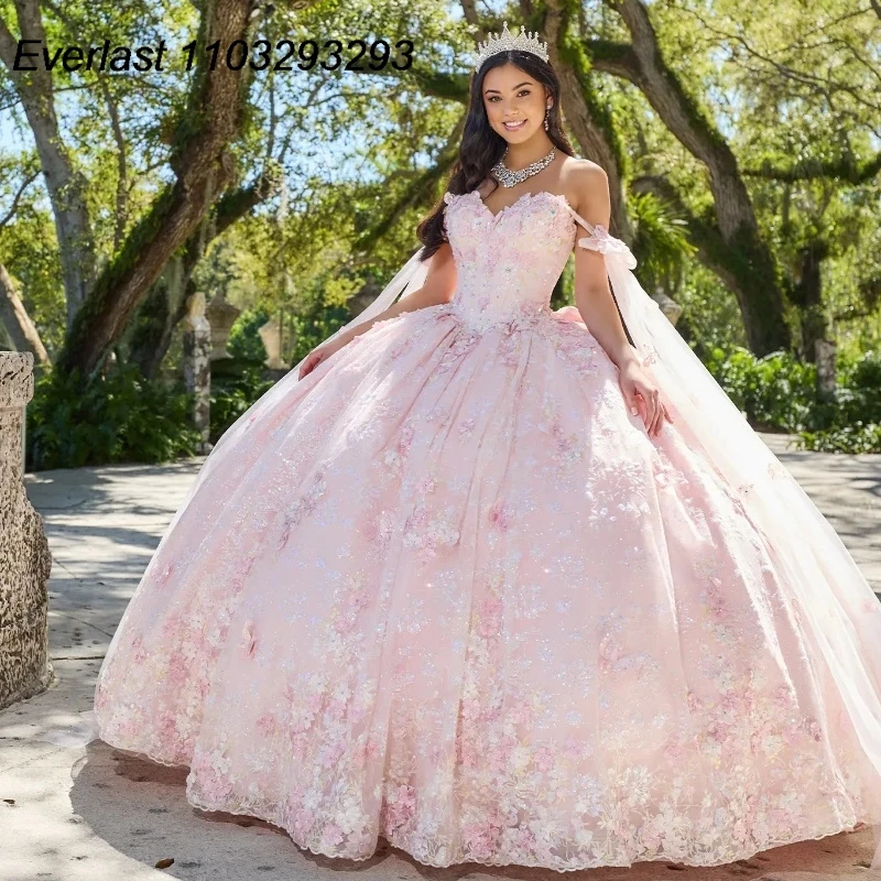 EVLAST Blue Quinceanera Dress Ball Gown 2024 Colorful 3D Floral Applique perline con Cape Sweet 16 Vestido 15 De aecos TQD279