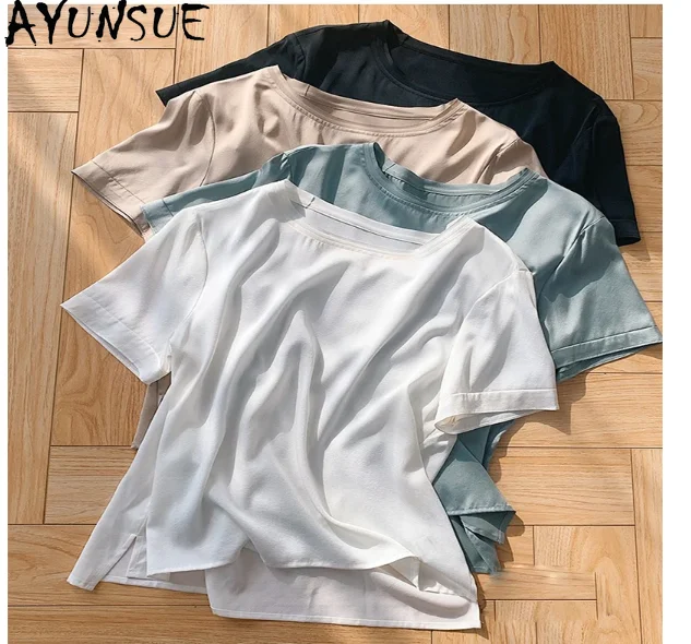 

AYUNSUE 92%Mulberry Silk Women's T-shirt Summer Simple Casual Solid Color Top O-neck Short Sleeve T-shirt T37701QD
