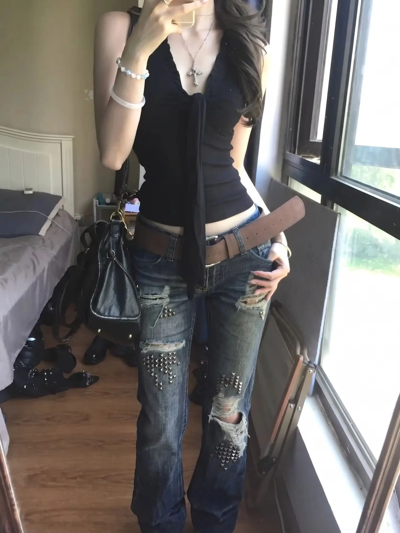 Grunge Y2K Distressed Flare Jeans Women Mid Waist Ripped Hole Spike Stud Embellished Slim Indie Streetwear Denim Trousers