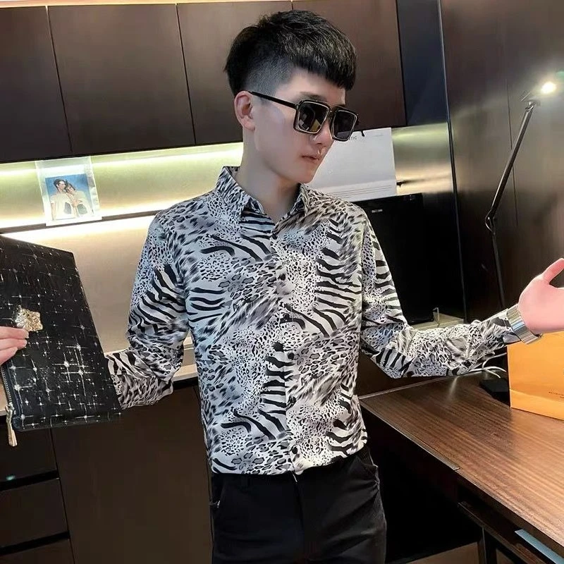 2026 New Arrivals Men's Casual Long Sleeve Leopard Print Trendy Shirt for Spring Autumn Fashion Popular Top for Men