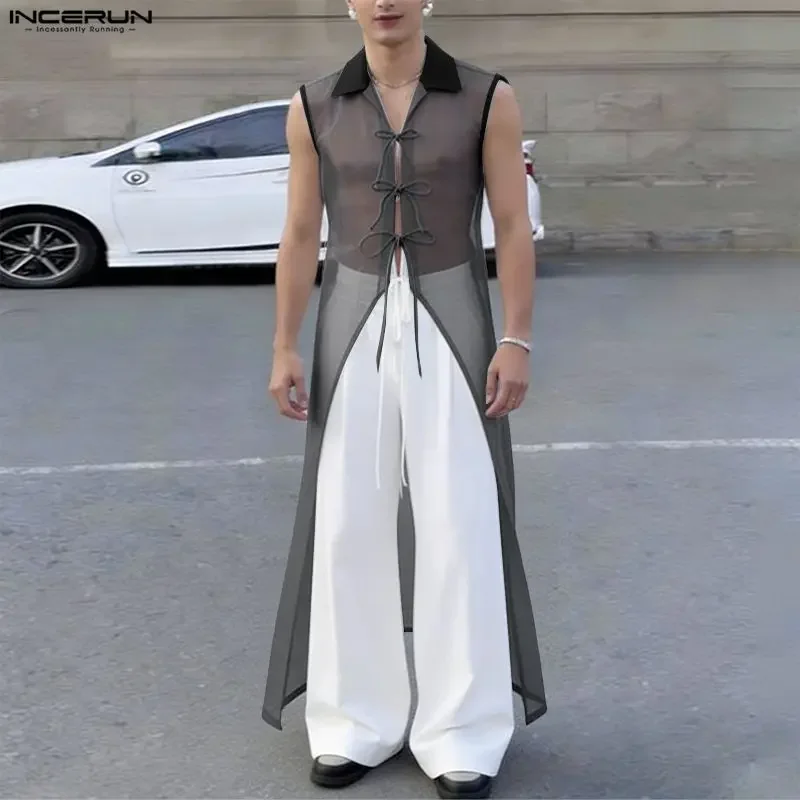 INCERUN Men's Shirt Mesh Patchwork Lapel Sleeveless Lace Up Male Long Style Shirts Streetwear 2026 Sexy See Through Men Clothes