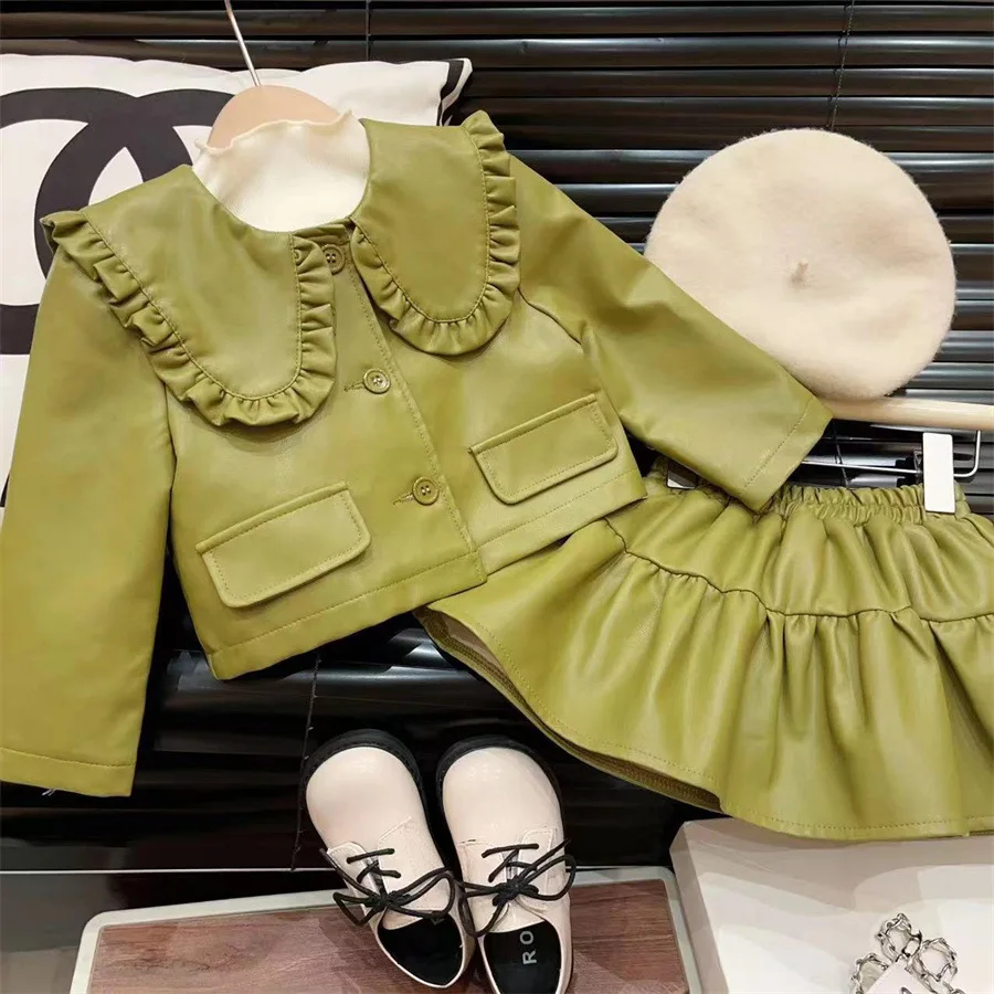 

Coat and Skirt Set Autumn New Korean Fashion Solid Color Doll Collar Leather Coat Half Skirt Two Piece Set Kids Clothes