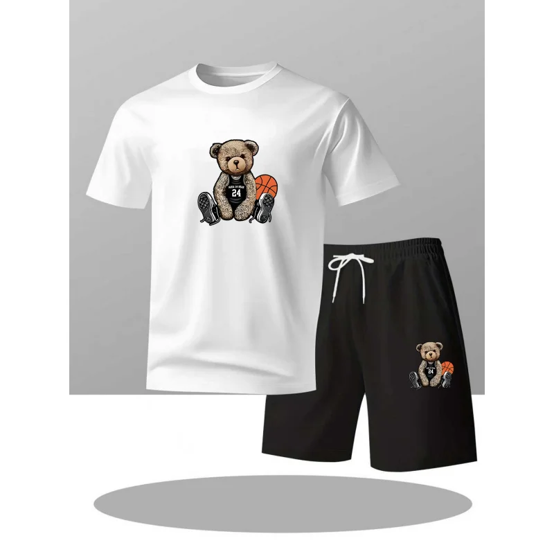 Summer MenTT-shirt Suit Versatile casual short sleevesTShirt TopBreathable two-piece shorts set Hip-hop fashion personality bear