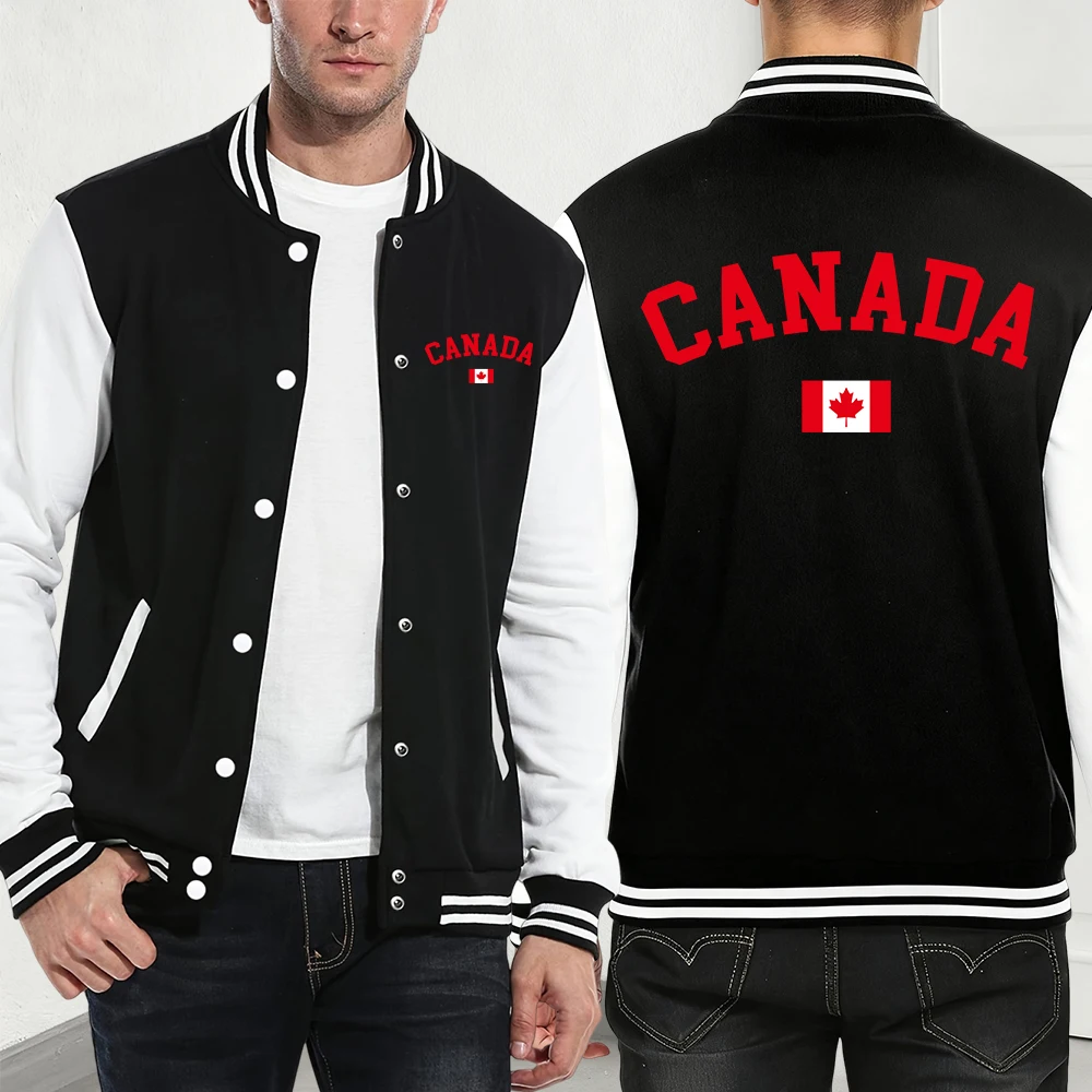 

Canada Text With Flag Prints Jackets Mens Autumn Fleece Warm Baseball Jersey Casual Pocket Coats Fashion Loose Men'S Clothes
