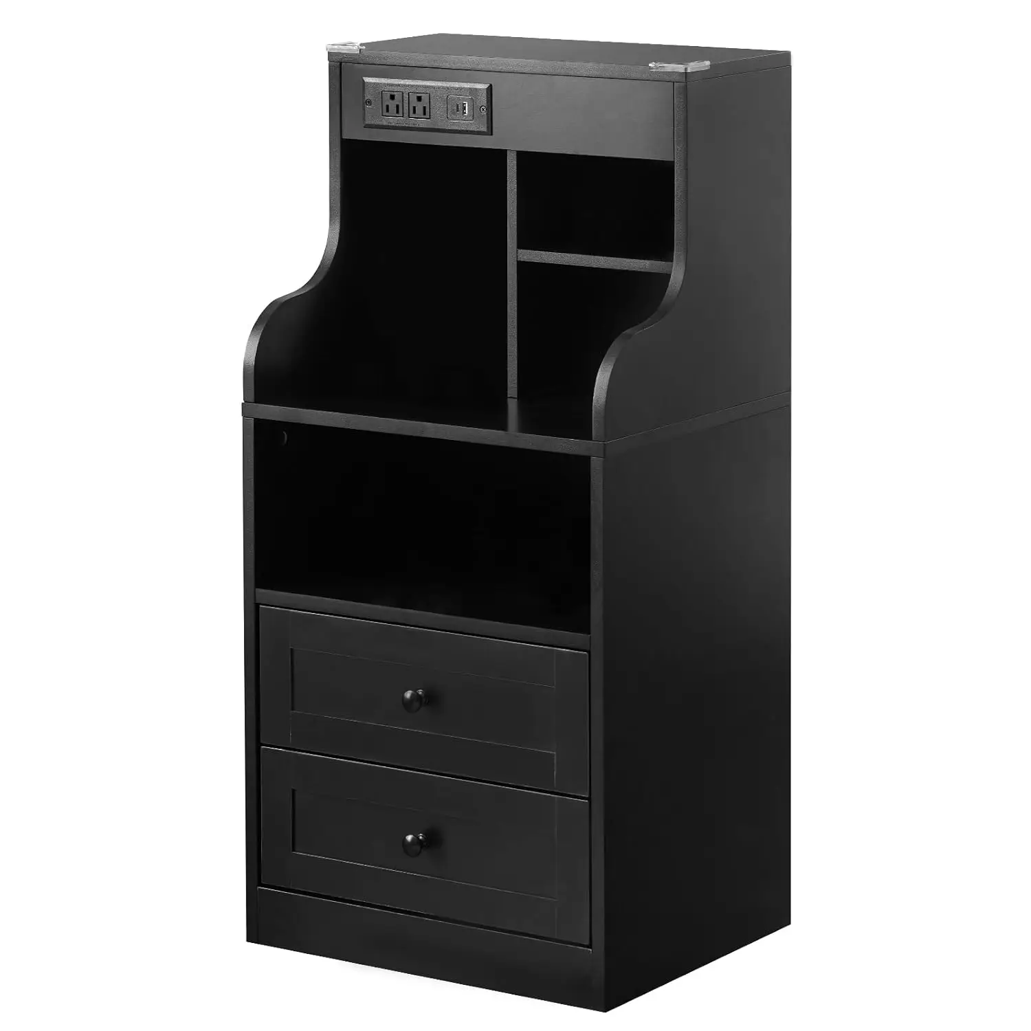 

Black Nightstand With Charging Station, Tall Night Wood Stand With Drawers, LED Light And Smart, Large Bedside, Customized