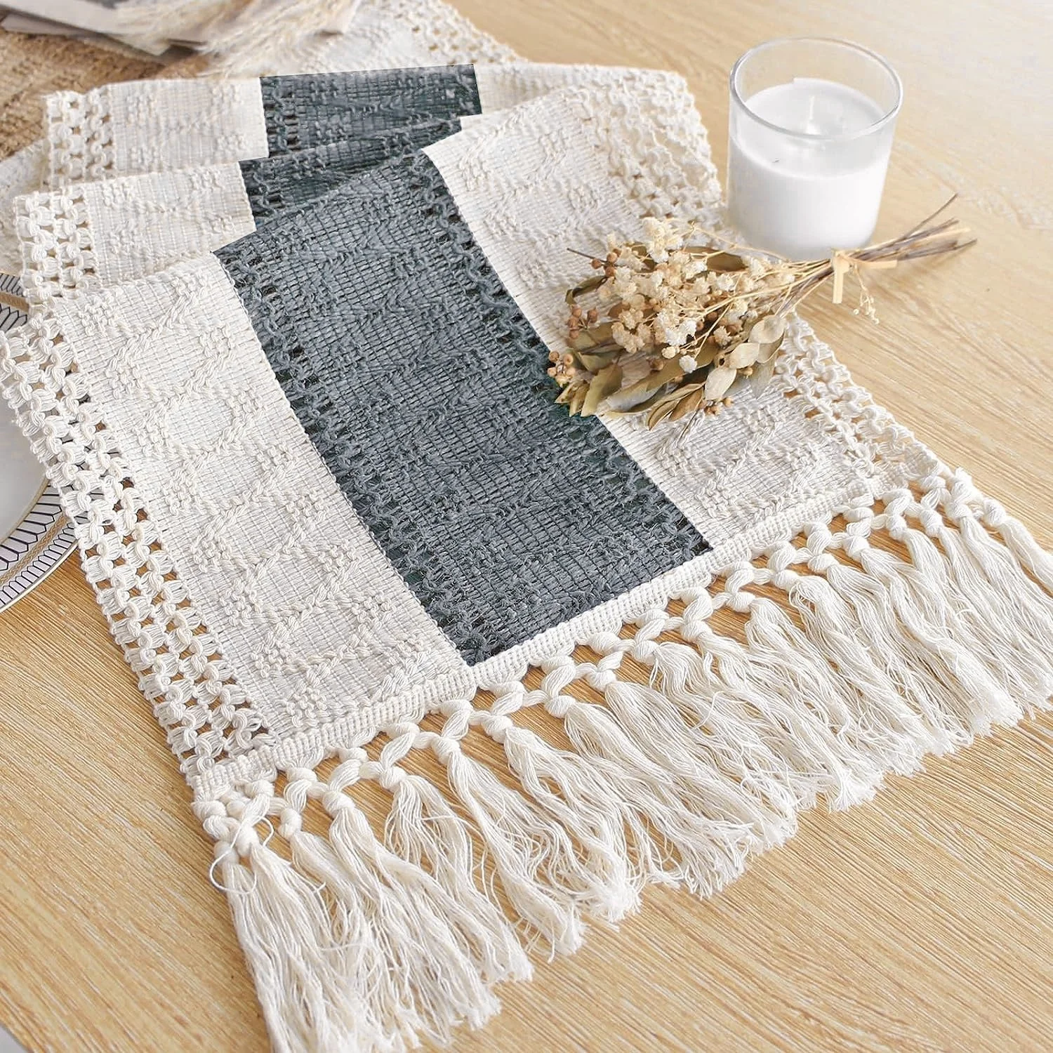 

Macrame Table Runner Cream Beige and Grey Boho Table Runner with Tassels Hand Woven Rustic Table Runner for Kitchen Dining Room