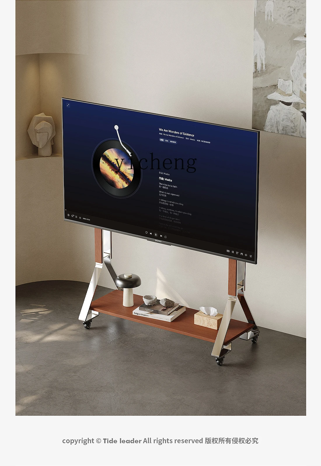 

Floor TV Stand with Wheels Living Room Stainless Steel Mobile TV Cabinet Stand