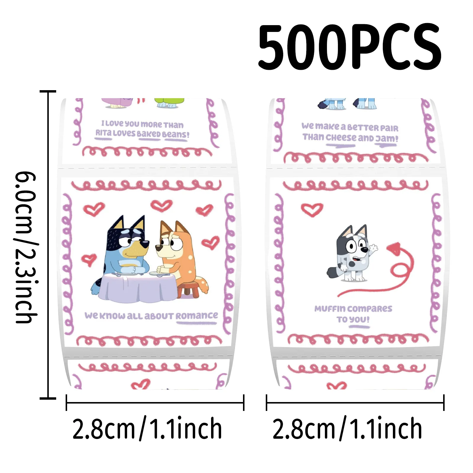 500 sztuk/rolka Naklejki z motywem kreskówki Bluey, rodzinna animacja, naklejki DIY z PVC na laptopa, dekoracje, naklejki, nagrody, zabawki