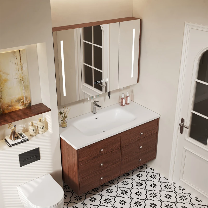 

Retro and antique bathroom cabinets combined into one washstand, slate seamless ceramic washbasin.