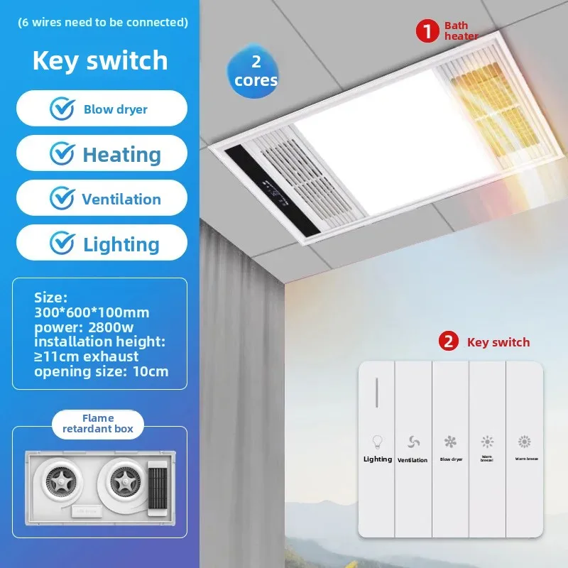 3000W 3-Core Bathroom Heater with Ventilation Fan, LED Light & Warm Air Blower – Integrated Ceiling Mount for Shower Room