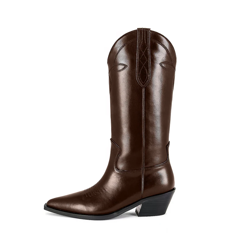 ArdenFurtado Genuine Leather Black Modern Boots Pointed Toe Western Boots Square Heel Slip-On Short Half Boots Women's Boots
