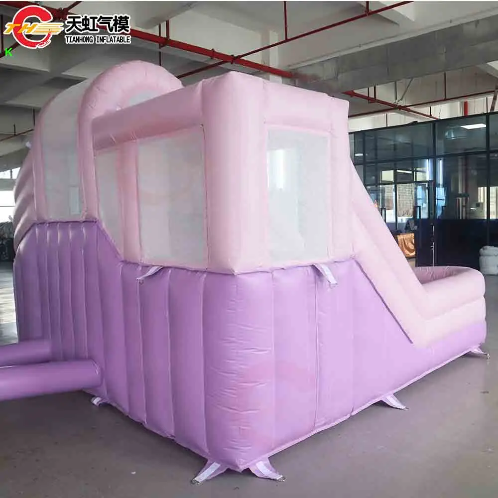 2025 nouveau Design 5x4m violet rose gonflable videur 3 en 1 château gonflable avec toboggan et piscine à balles