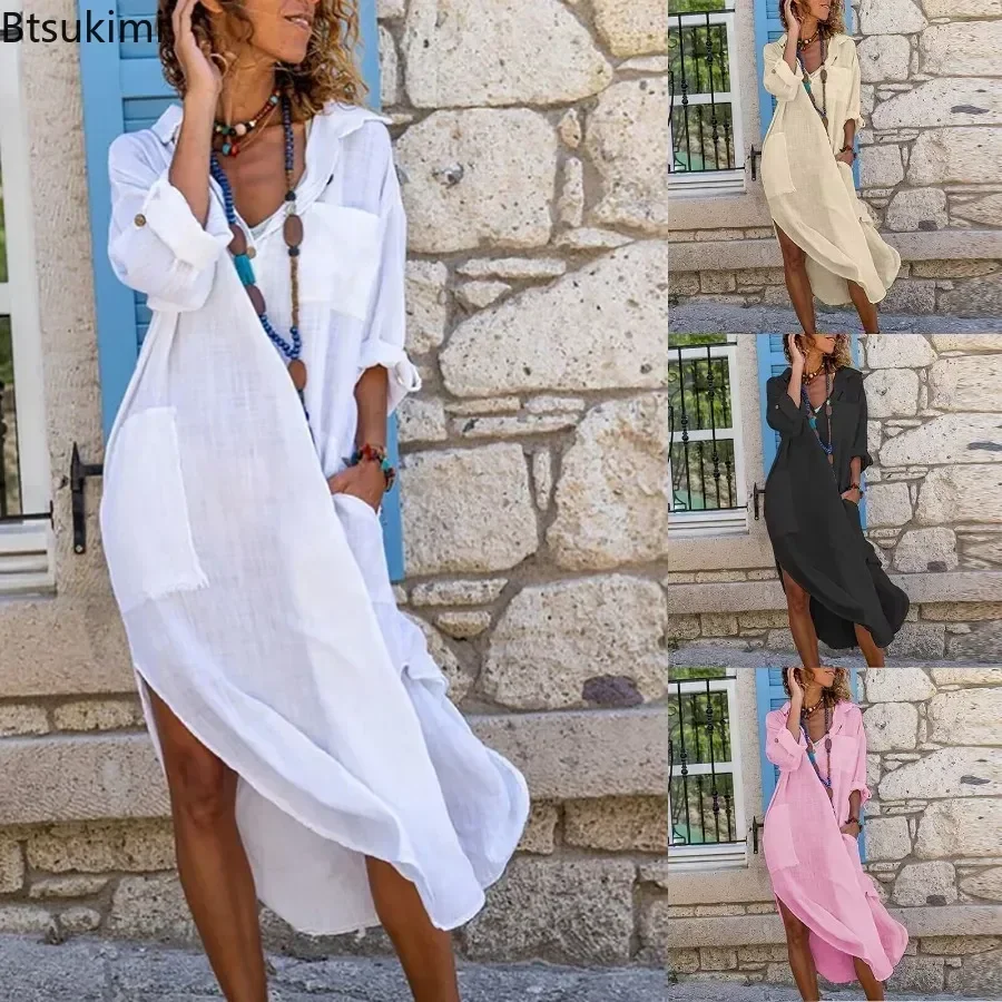 

2025 Summer Boho Shirt Dress for Women Fashion Solid Loose Casual Maxi Dress Breathable Cotton Linen Slit Hem Beach Pocket Dress