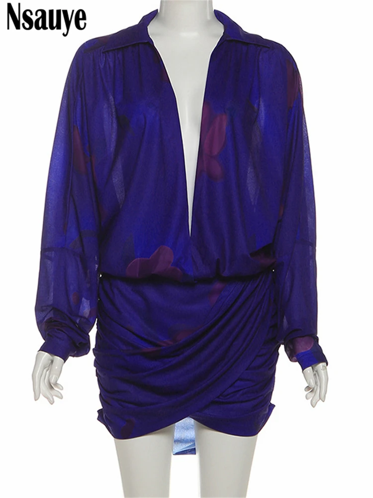 Nsauye エレガントな女性用イブニングショートドレス 2025 長袖 ローカット Vネック セクシー パーティー クラブ ミニファッションブラウスドレス 冬