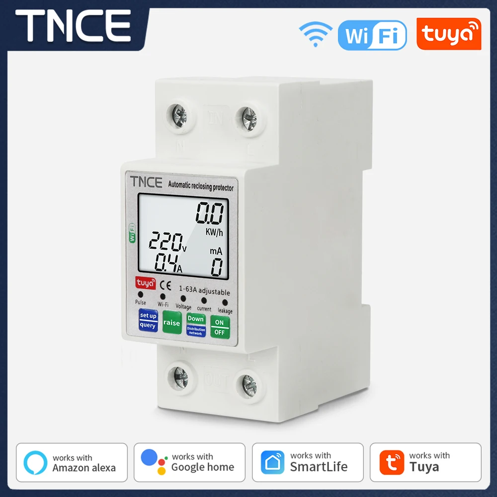 TNCE Smart WiFi Circuit Breaker 220V 2P 63A Over/Under Voltage current Leakage Protector Switch Work With Alexa Smart Home
