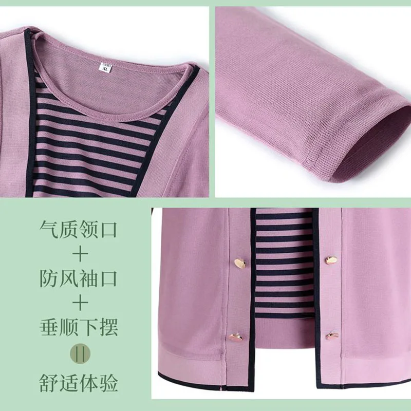 Cardigan da donna di mezza età 2 pezzi maglione lavorato a maglia primavera autunno nuovo set in due pezzi pullover a righe moda T-shirt abiti da madre