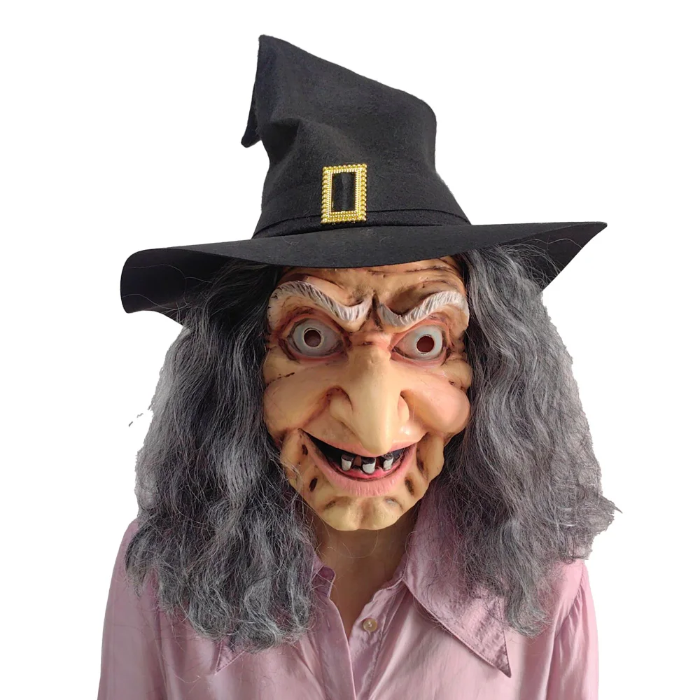

Old Nana Witch Mask With Hat Cosplay Sorceress Grandma Latex Masks Halloween Carnival Dress Up Party Costume Props
