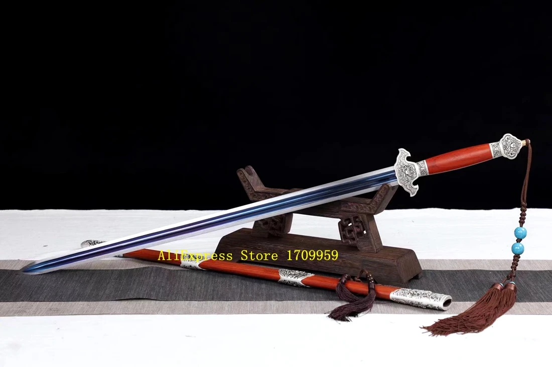 Red Wood Chinese Martial Arts TaiChi Peony Sword Blue High Carbon Steel Blade Full Tang KungFu WuShu Tai Ji Functional Dao Jian view 2
