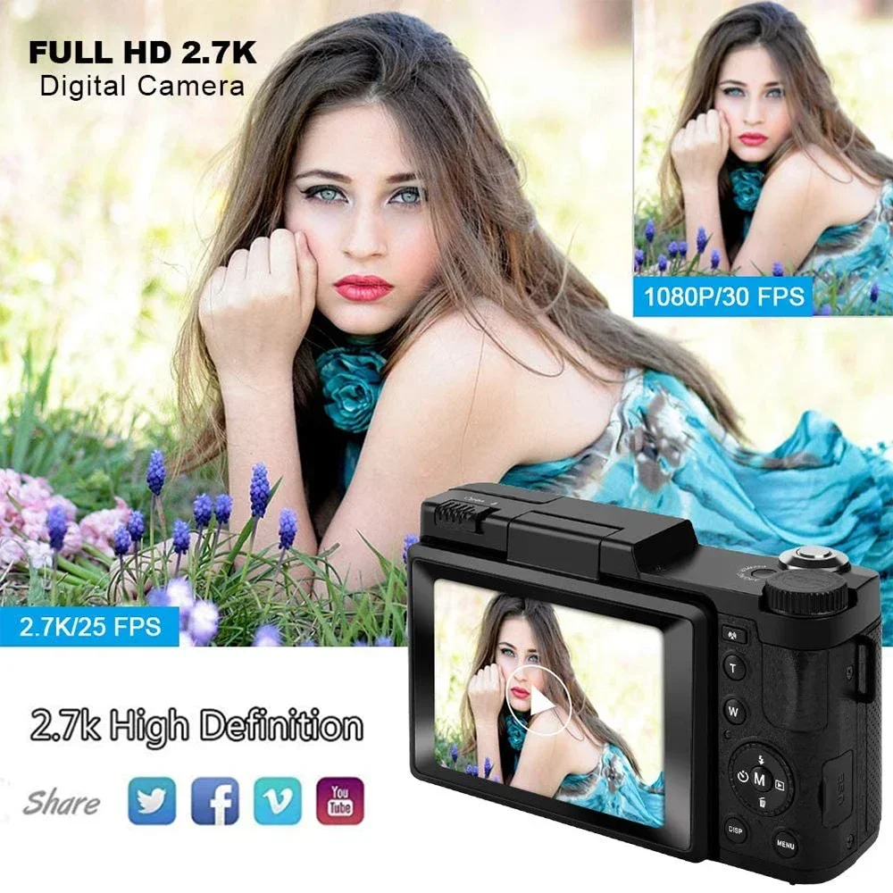 2.7K Full HD Digital Camera 24MP Photographic Camera 4x Zoom Rotating Screen Professional EIS Video Camera for Travel