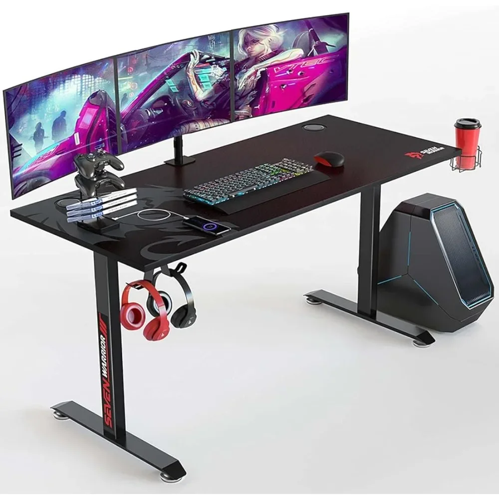 T- Shaped Carbon Fiber Surface Gamer Desk with Full Mouse Pad Ergonomic E-Sport Style with Double Headphone Hook USB Gaming Rack