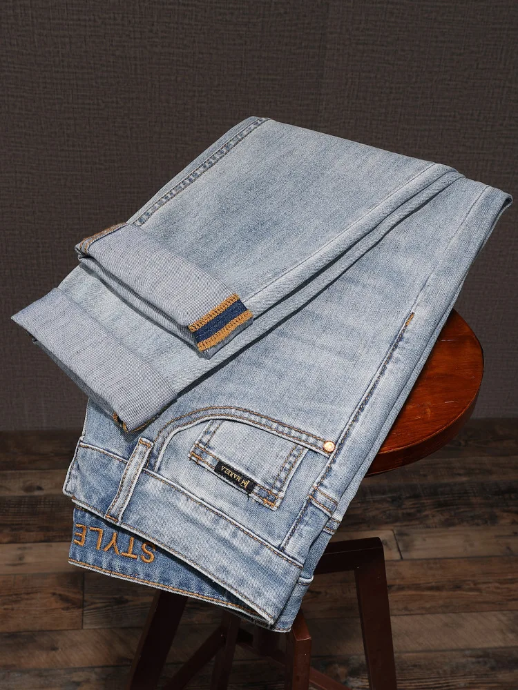 Высококачественные светлые джинсы, мужские летние тонкие мягкие эластичные тонкие маленькие повседневные брюки с прямыми штанинами