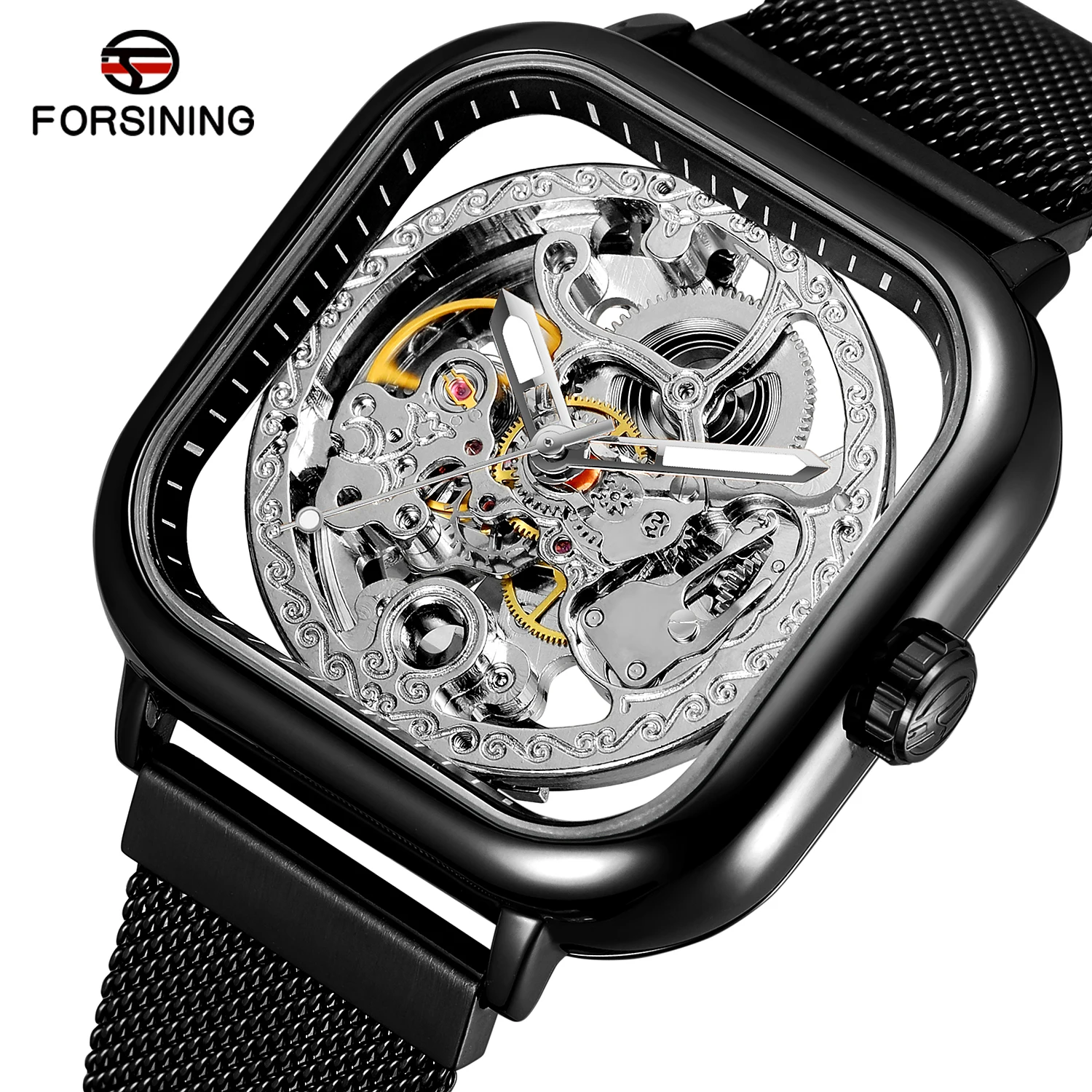 FORSINING Engraved Men Watches Automatic Skeleton Mechanical Square Case Luminous Hands Hollow Carving Mesh Steel Band Man Clock