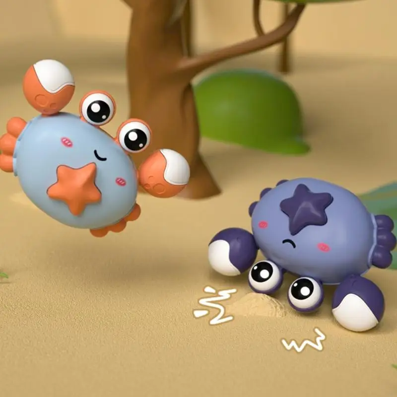 Kindercartoonkrabben duwen en gaan auto -speelgoedpers LED -pull -back voertuigspeelgoed voor peuter hand en oogcoördinatie