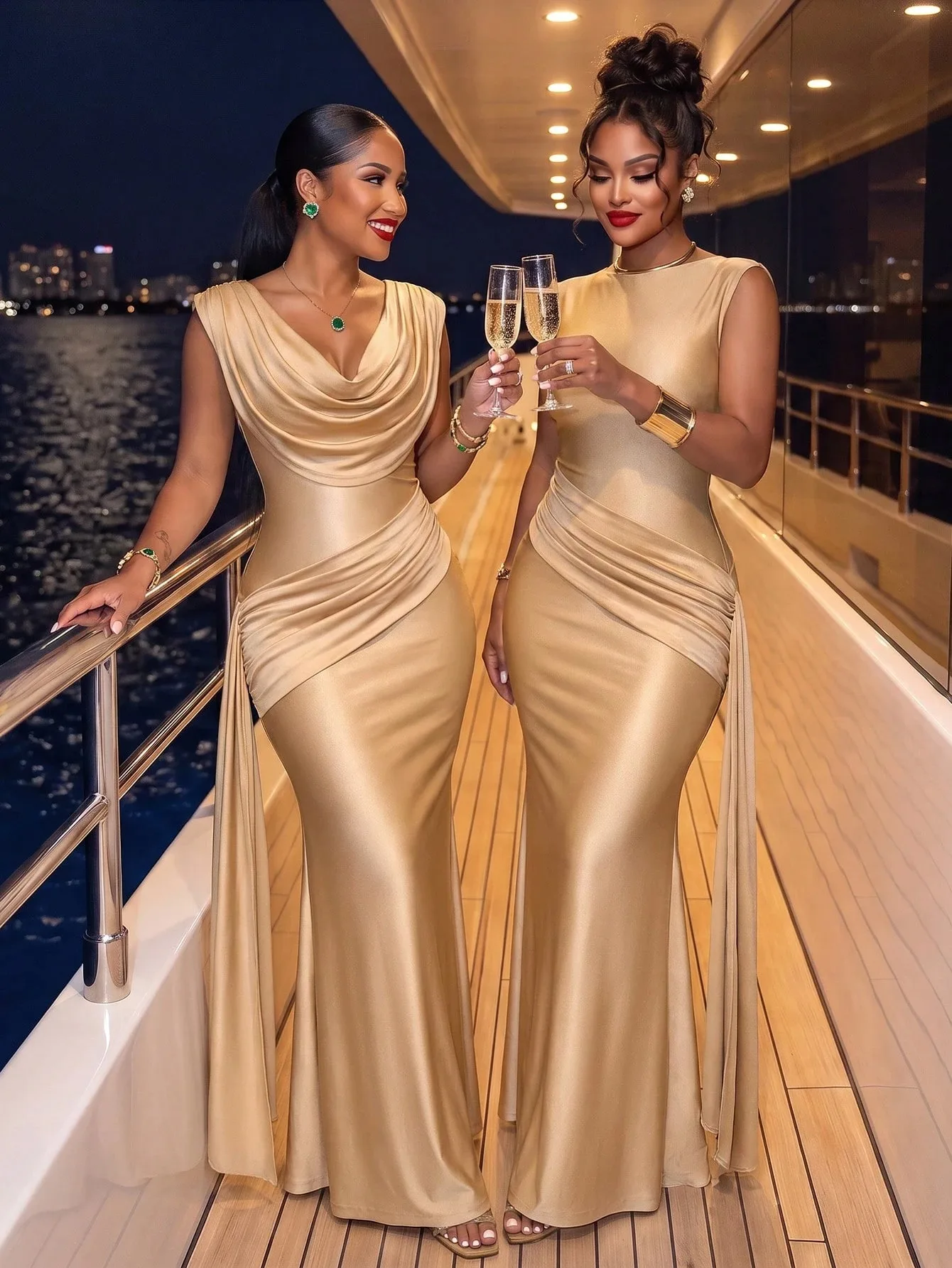 Cowl Neck Gold Satin Mermaid Prom Dress Sleeveless Draped Waist With Long Sash Floor Length Women Evening Party Gown